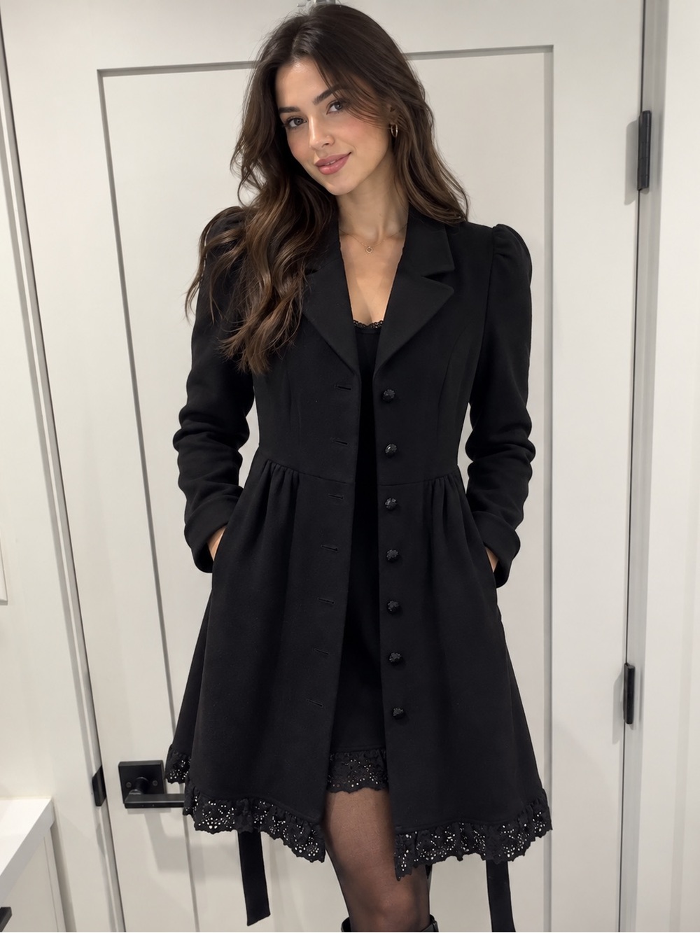 Vintage Betsey Johnson Black Lace-Hem Fit & Flare Dress Coat